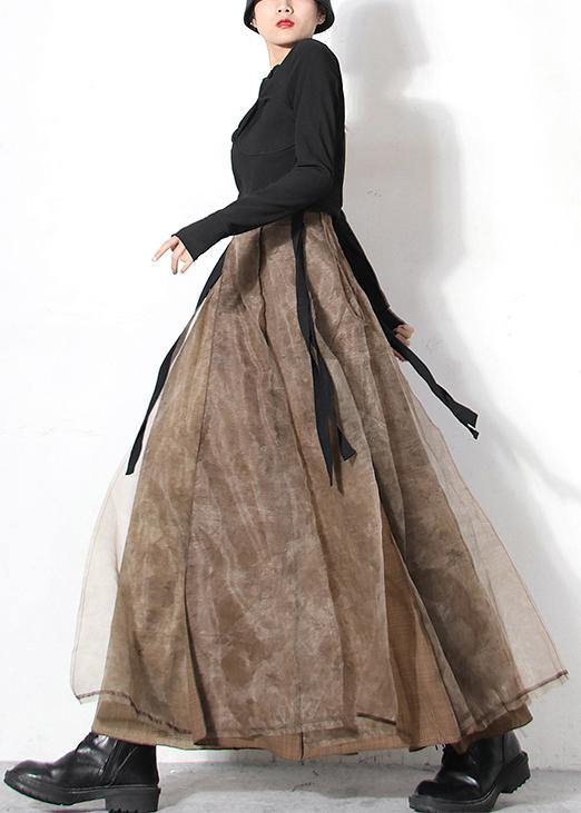 Brown Tulle High Waist Zippered Skirt