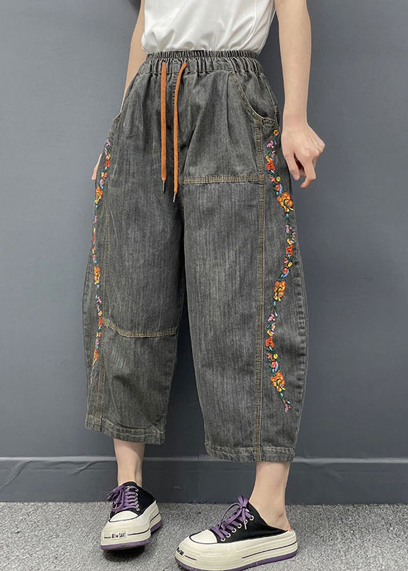 Dark Gray Embroideried Elastic Waist Denim Crop Pants Spring