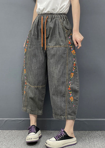 Dark Gray Embroideried Elastic Waist Denim Crop Pants Spring