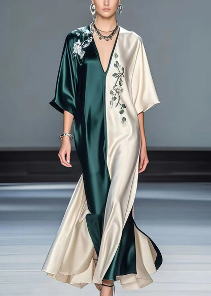 Boutique Colorblock V Neck Patchwork Silk Long Dresses Half Sleeve