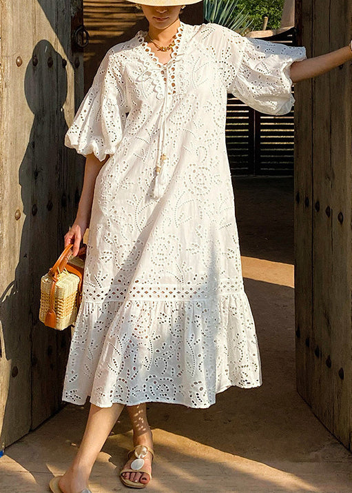 White Embroidered Hollow Out Pockets Cotton Long Dress Puff Sleeve