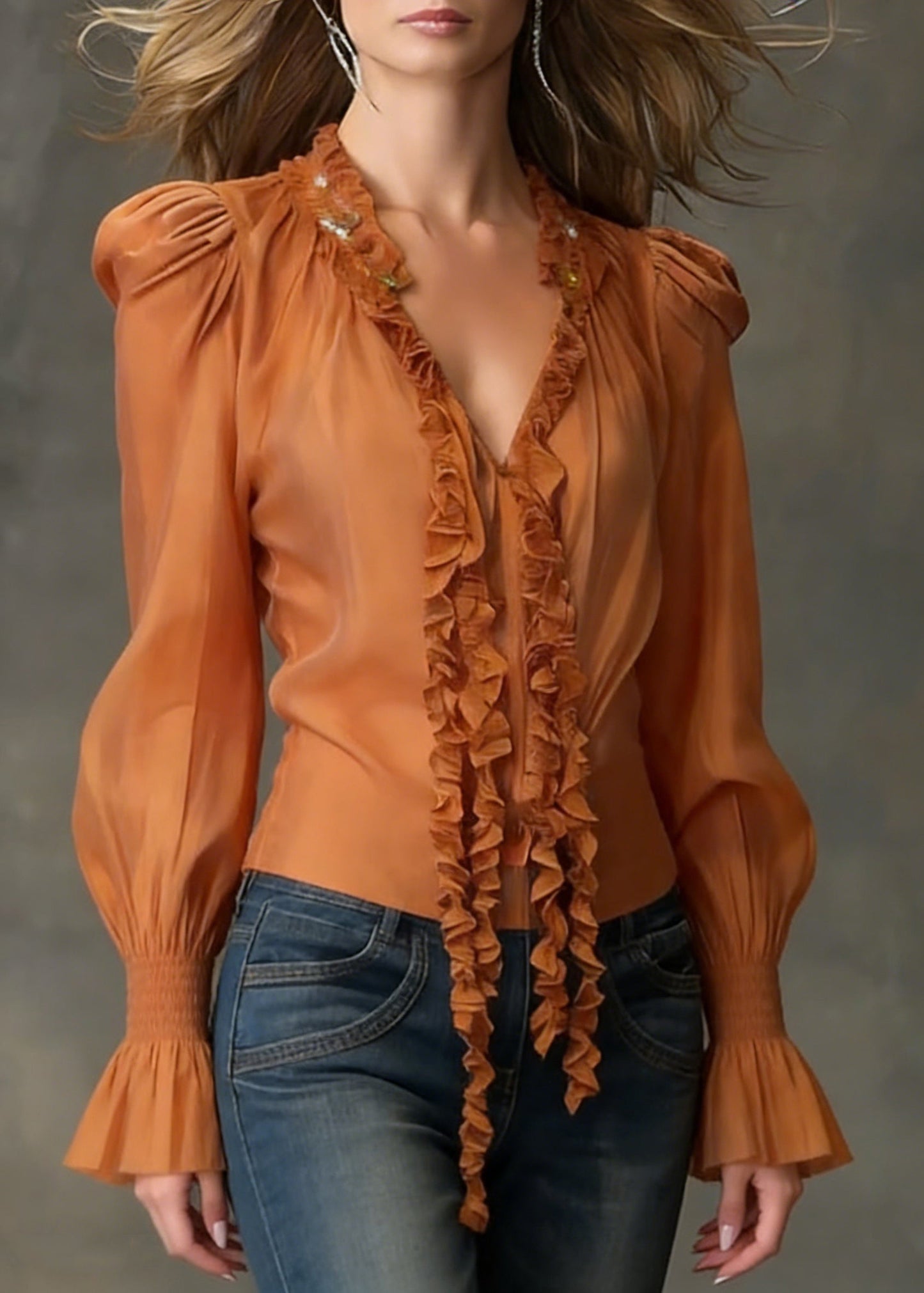 Orange Ruffled Cotton Blouse Tops V Neck Flare Sleeve Spring