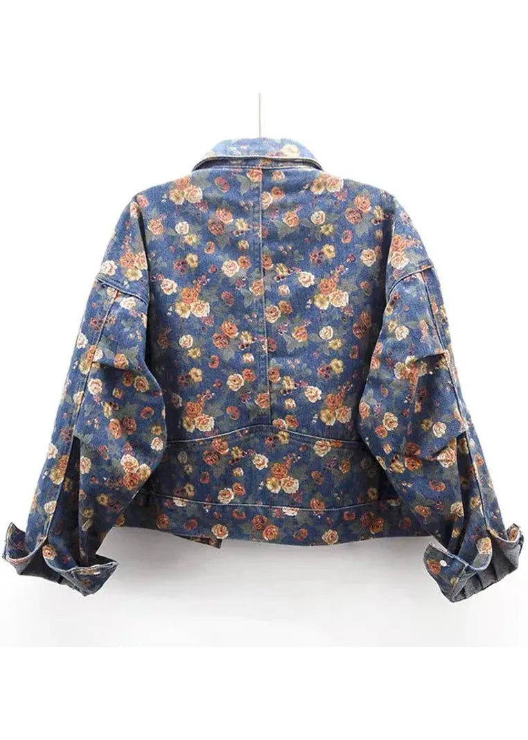 Boutique Blue Peter Pan Collar Print Denim Coats Fall