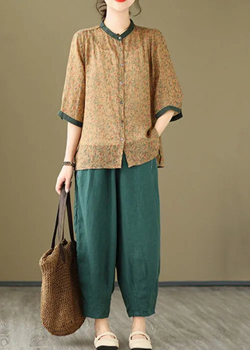 Khaki Pink Tops and Linen Crop Pants Cotton Two Pieces Set Spring