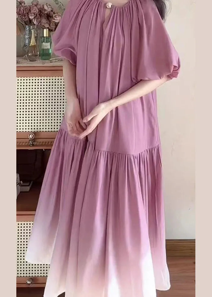 French Purple Gradient Wrinkled Patchwork Cotton Dress Puff Sleeve