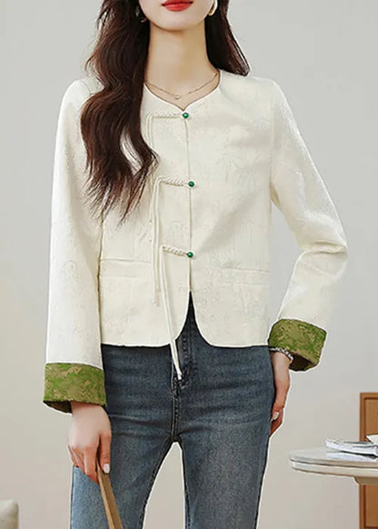 Beige O Neck Print Button Silk Coats Fall