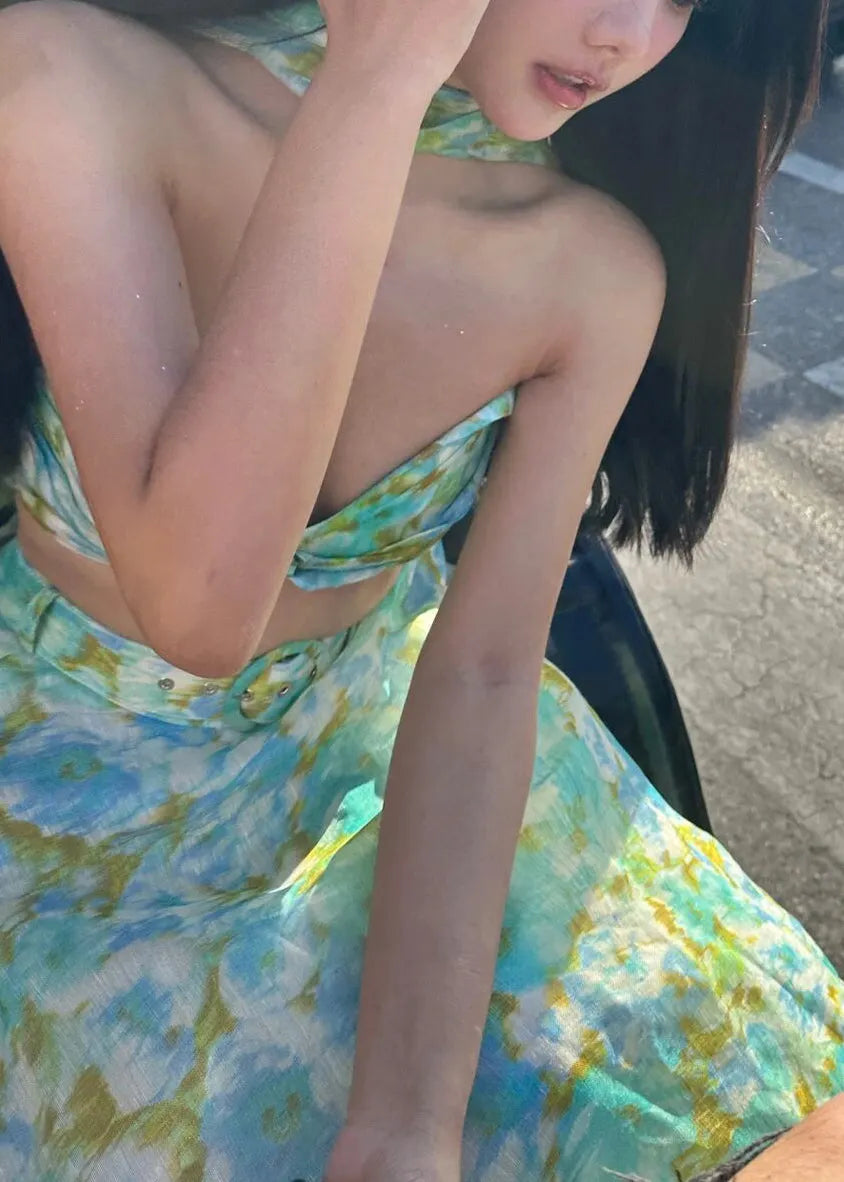 Green Bow Print Top and a Line Skirts Two Pieces Set Summer