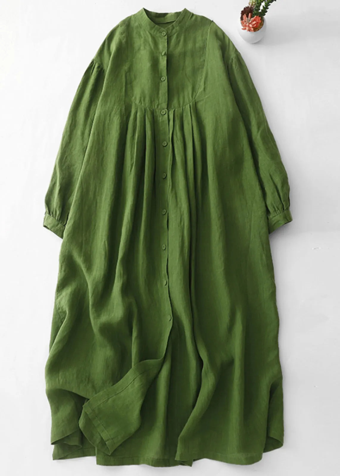 Art Green Button Wrinkled Cotton Blouses Dress Spring
