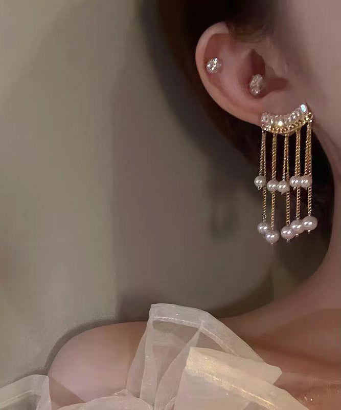 Gold Copper Overgild Pearl Tassel Drop Earrings