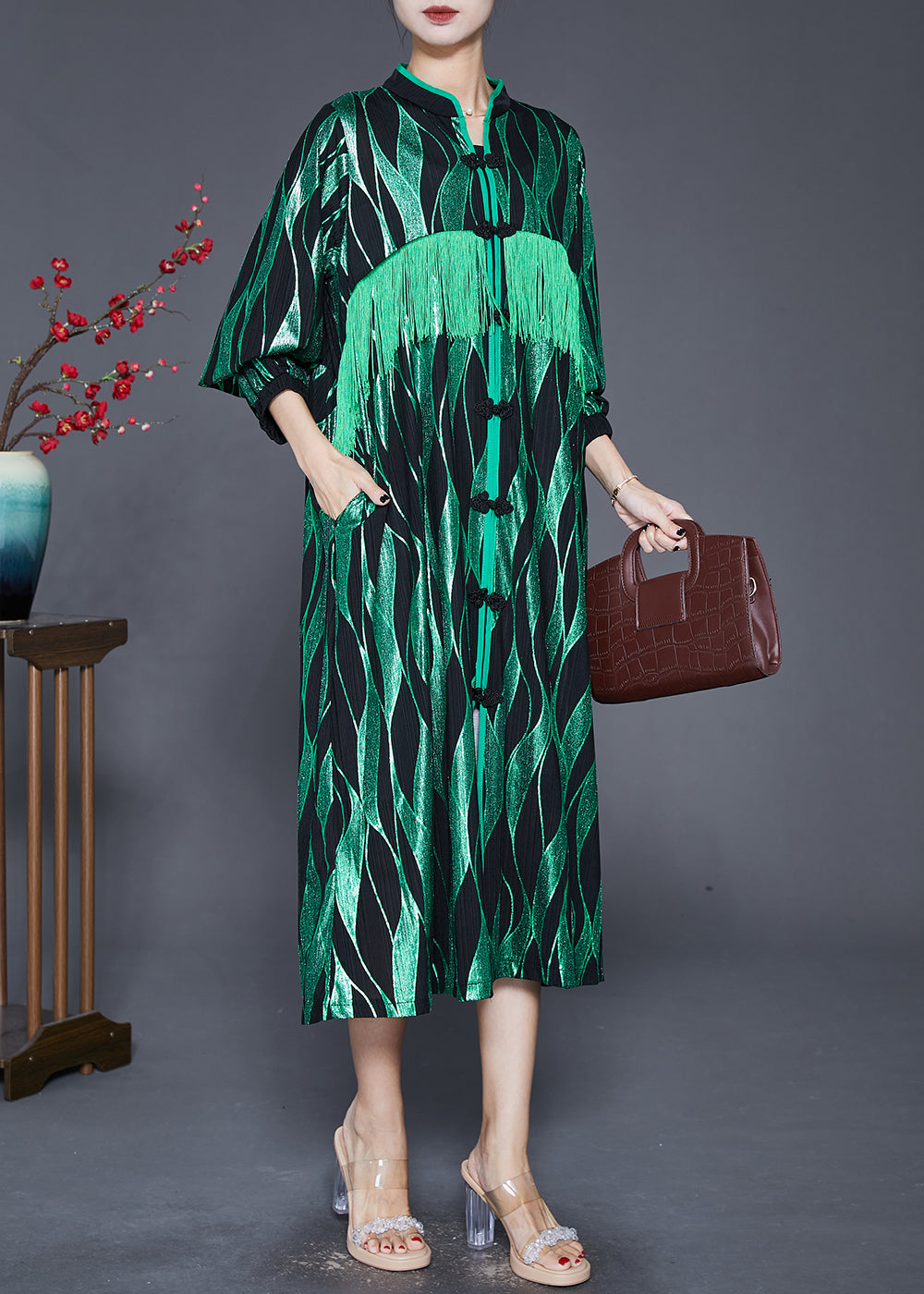 Green Striped Tasseled Chinese Button Silk Maxi Dresses Fall