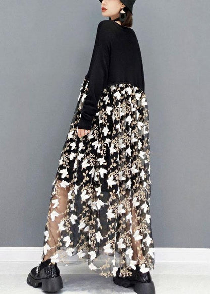 Black V Neck Print Vacation Dresses Fall Long Sleeve