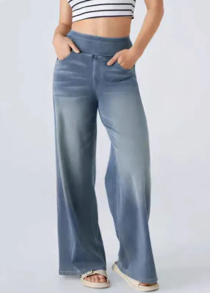 Light Blue Pockets Elastic Waist Denim Wide Leg Pants Summer