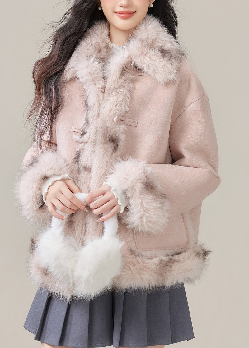Pink Fur Collar Pockets Patchwork Warm Fleece Faux Suede Coats Winter