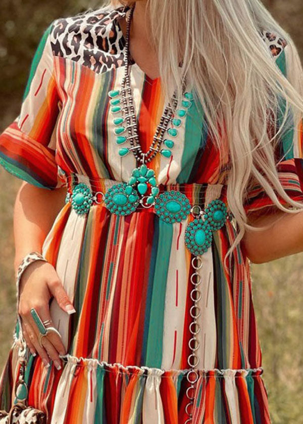 V Neck Multi Striped Print Cinch Pleated Dresses Short Sleeve