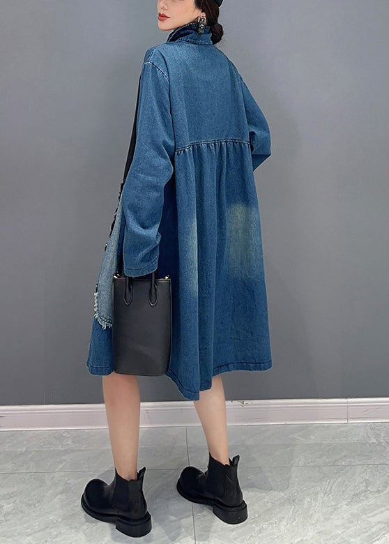 Blue Asymmetrical Button Pockets Denim Blouses Fall