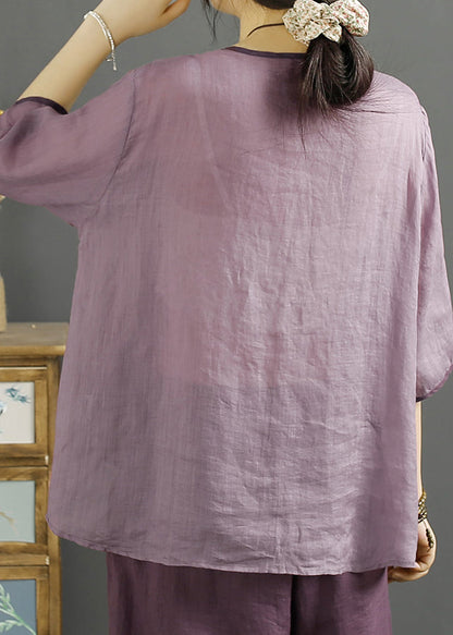 Chinese Style Purple O-neck Embroideried Linen Shirt Summer