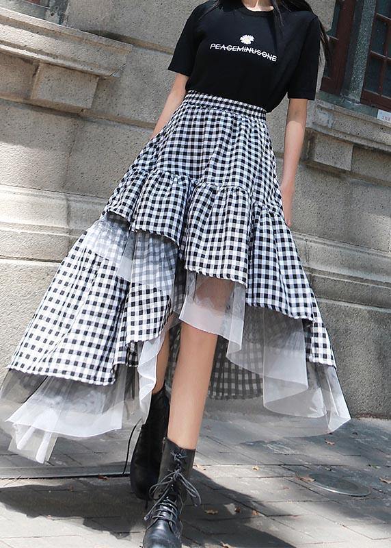 Black White Plaid Ruffles Patchwork Lace Skirt Summer