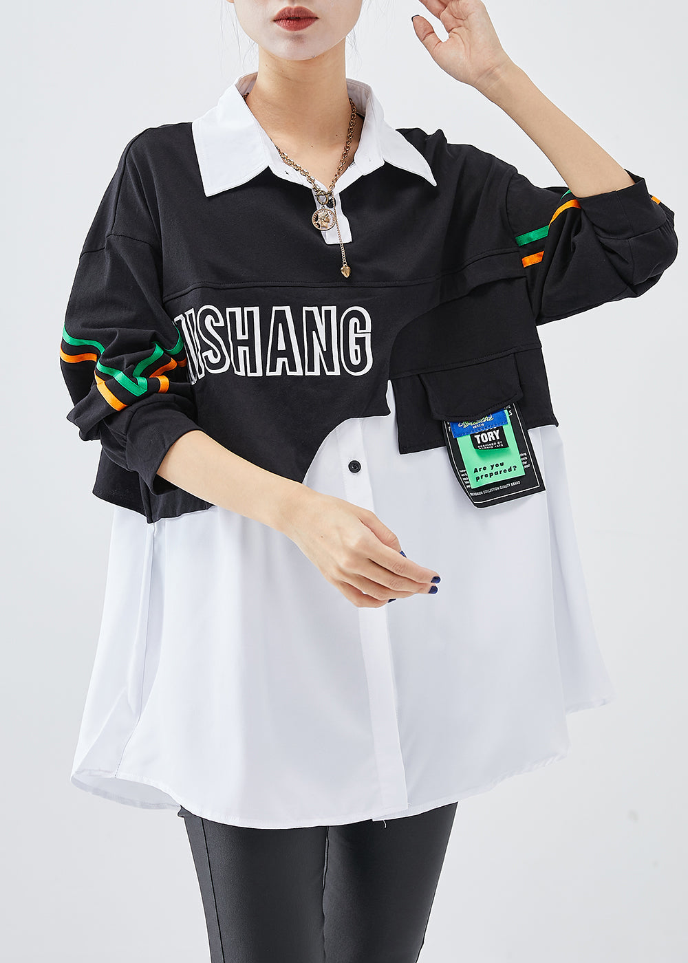 Italian Colorblock Oversized Patchwork Cotton Sweatshirt Fall