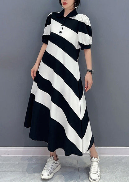 Black White Striped Peter Pan Collar Patchwork Long Dress Short Sleeve