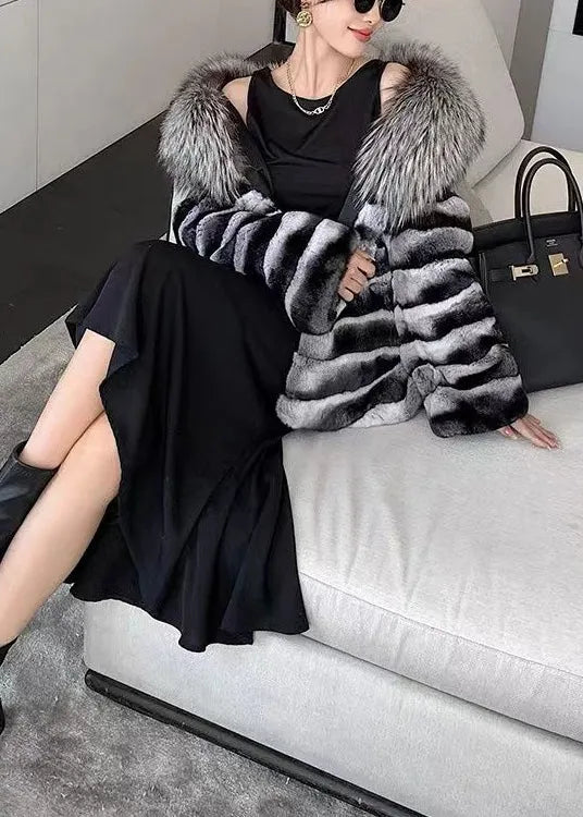 Boutique Black Grey V Neck Fur Collar Patchwork the Rabbit Wool Coat Winter