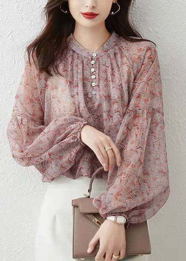 Pink Stand Collar Print Chiffon Shirt Top Lantern Sleeve
