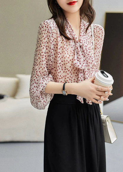 Red Bow Print Silk Tops Long Sleeve