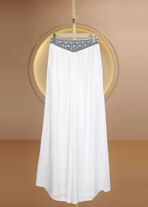 Blue Embroidered Elastic Waist Cotton Pants Fall