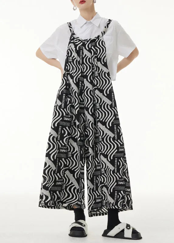 Loose Black Print Pockets Patchwork Silk Cotton Jumpsuits Sleeveless