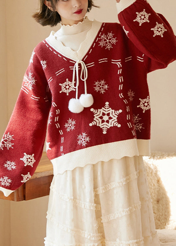 Red V Neck Thick Embroideried Knit Knitted Tops Fall