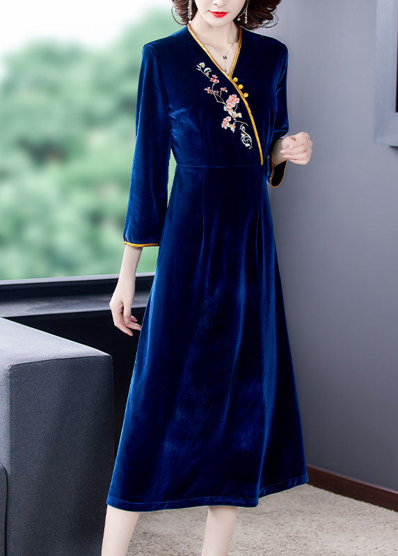 Dark Blue V Neck Embroideried Silk Velour Holiday Dress Long Sleeve