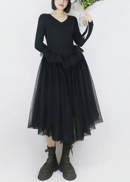 Black Asymmetrical Tulle Patchwork Cotton Dresses
