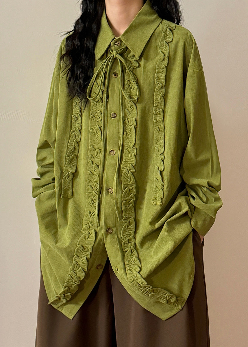 Green Ruffled Lace Up Cotton Shirt Top Spring