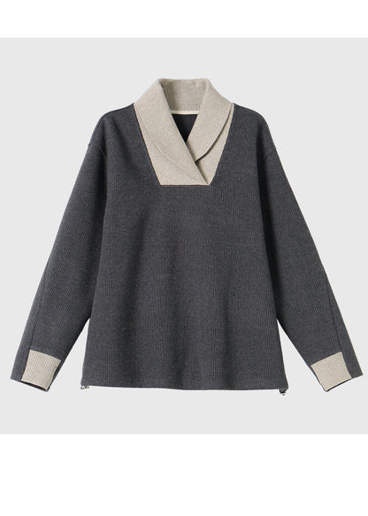 Grey Peter Pan Collar Patchwork Knit Sweater Winter