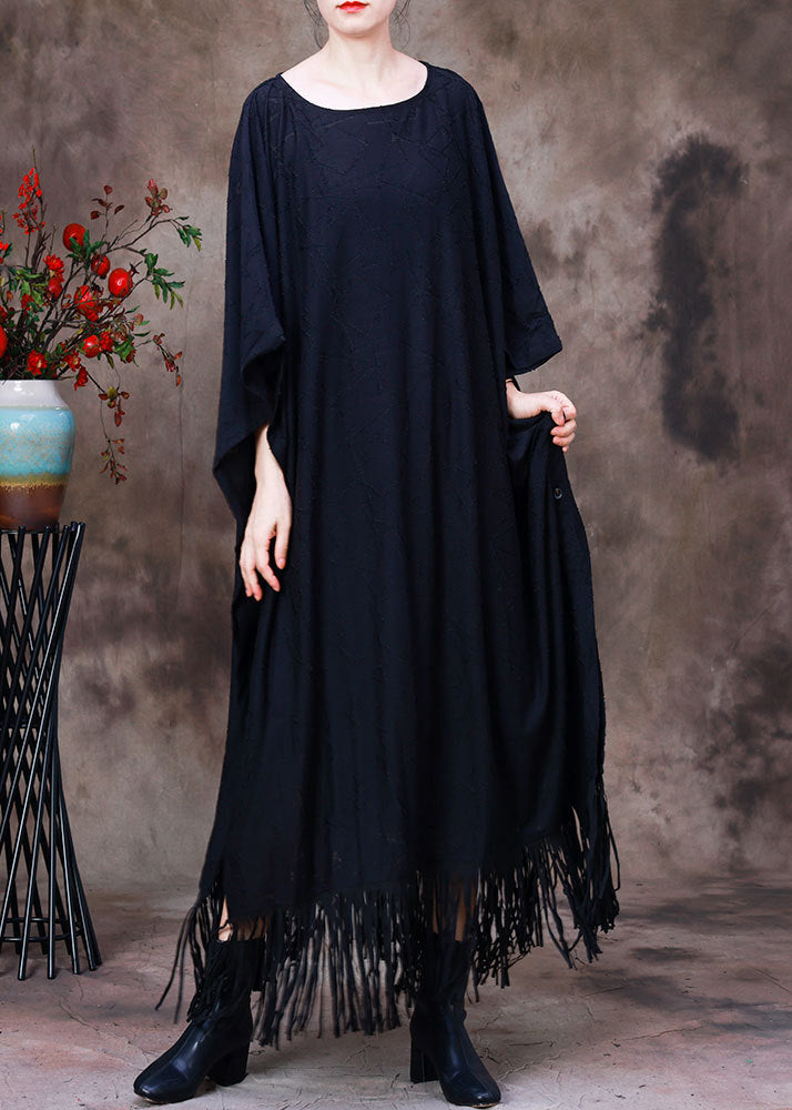 Style Black O-neck Tassel Maxi Dress Long Sleeve