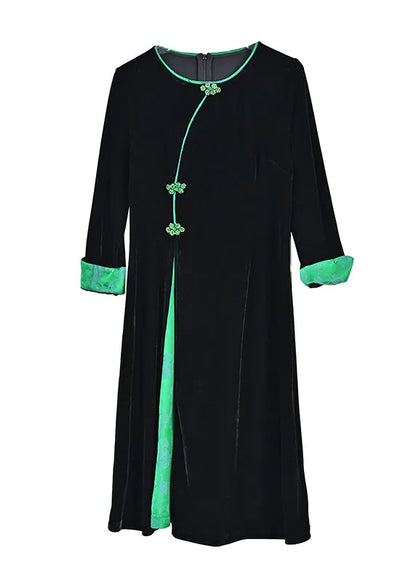 Style Black O-neck Print Patchwork Button Silk Velour Maxi Dresses Fall