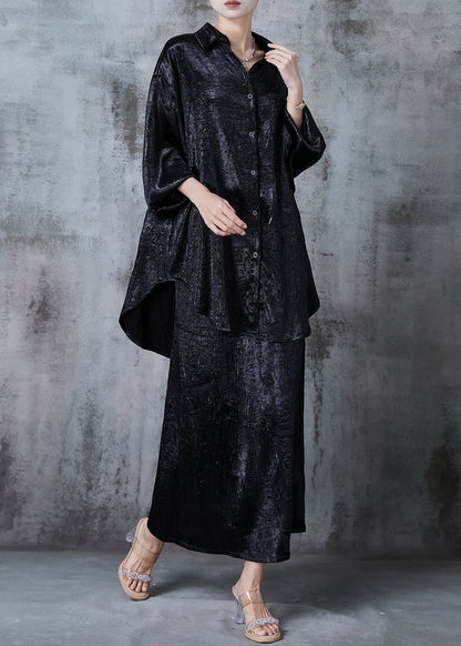 Black Silk Sets 2 Pieces Oversized Wrinkled Fall