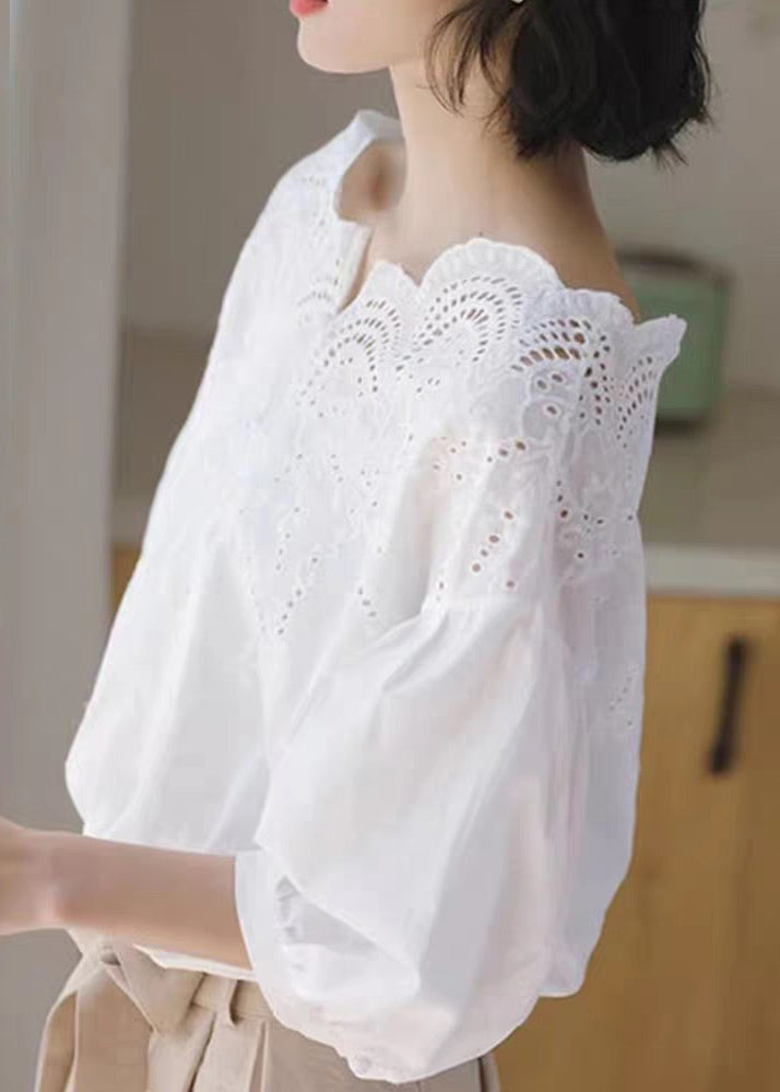 Unique White Hollow Out Shirts Puff Sleeve Summer