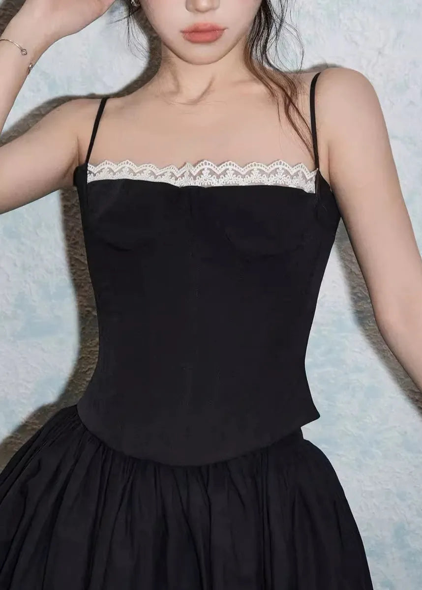Slim Fit Black Lace Spaghetti Strap Tank and White Skirts Cotton Two Pieces Set Sleeveless