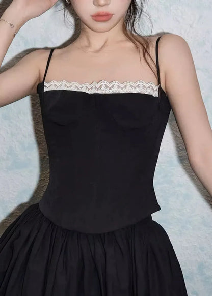 Slim Fit Black Lace Spaghetti Strap Tank and White Skirts Cotton Two Pieces Set Sleeveless