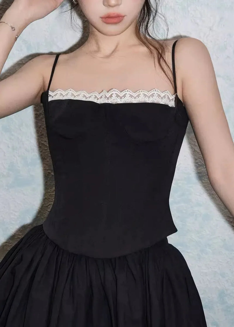 Slim Fit Black Lace Spaghetti Strap Tank and White Skirts Cotton Two Pieces Set Sleeveless