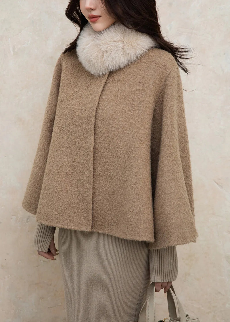 Loose Brown Fox Collar Button Woolen Coats Winter