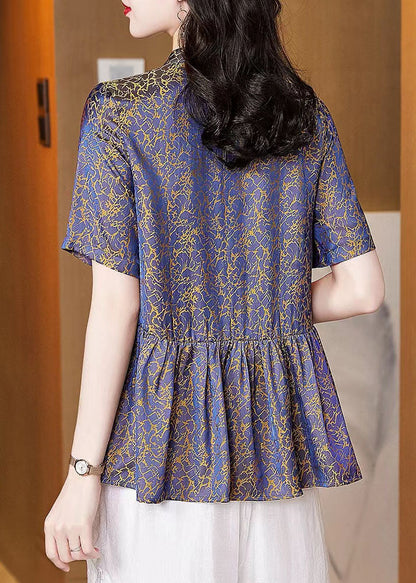 Purple Stand Collar Wrinkled Patchwork Chiffon Blouses Summer