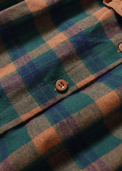 Green Embroideried Plaid Cotton Shirt Top Spring