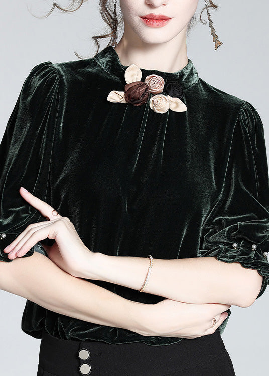 Blackish Green Stand Collar Silk Velour Top Short Sleeve