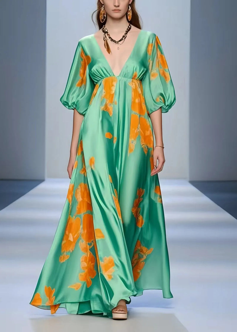 Lake Green V Neck Print Silk Holiday Dress Summer