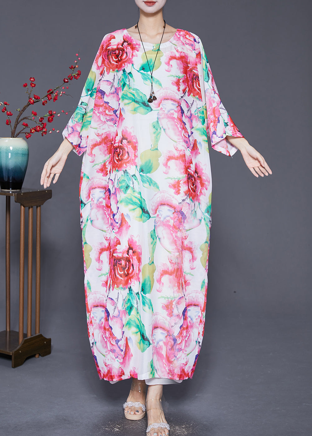 Pink Oversized Print Cotton Dress Batwing Sleeve