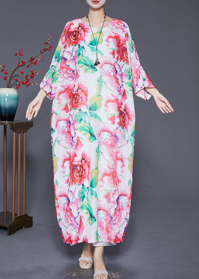 Pink Oversized Print Cotton Dress Batwing Sleeve