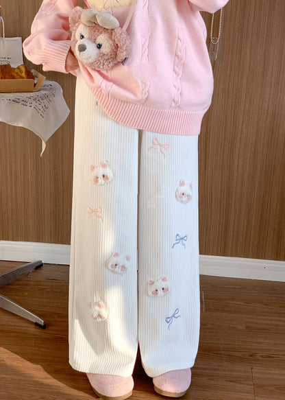 White Cat Decorated Embroidered Warm Fleece Pants Winter