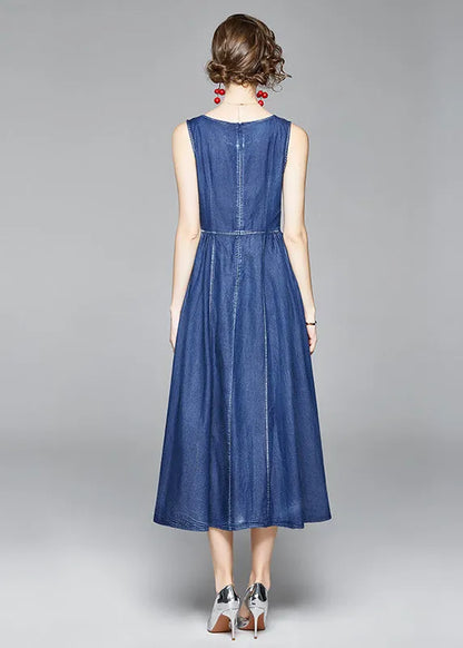 Italian Denim Blue Embroideried Wrinkled Cotton Vacation Strap Dresses Sleeveless