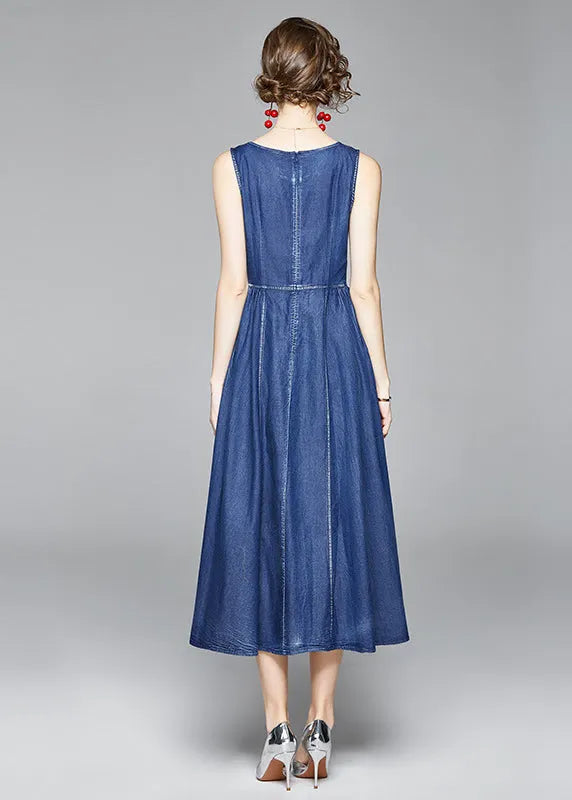 Italian Denim Blue Embroideried Wrinkled Cotton Vacation Strap Dresses Sleeveless